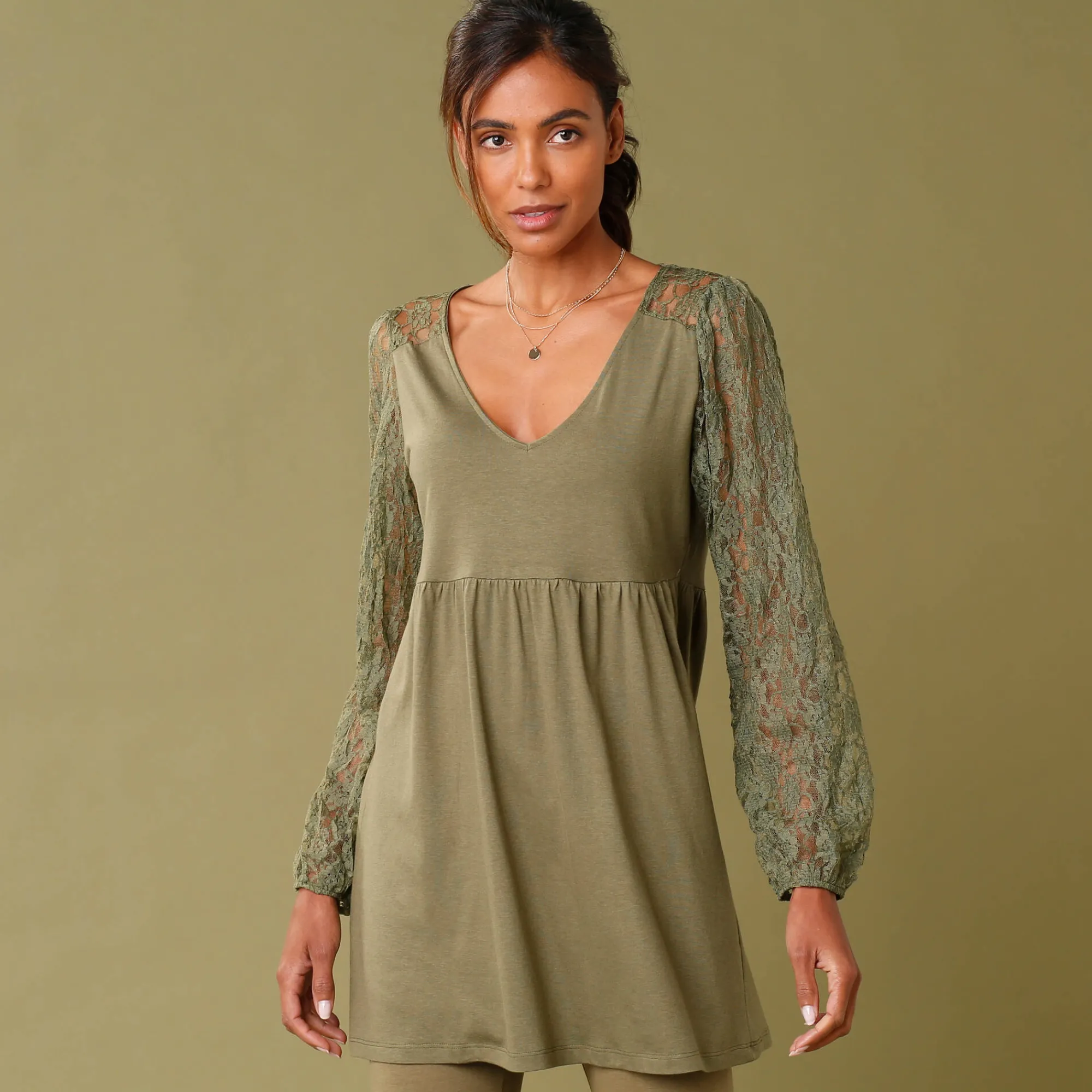 Feestoutfits Dames|T-Shirt En Topje<Blancheporte Tuniek met lange mouwen en kant bronskleur