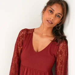 Feestoutfits Dames|T-Shirt En Topje<Blancheporte Tuniek met lange mouwen en kant bordeaux
