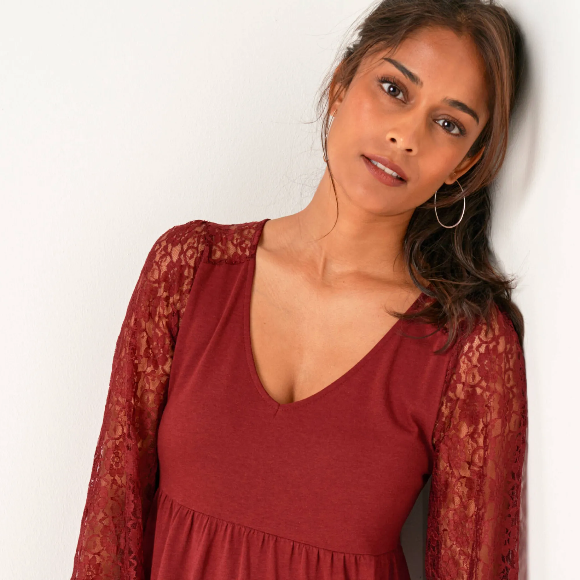 Feestoutfits Dames|T-Shirt En Topje<Blancheporte Tuniek met lange mouwen en kant bordeaux