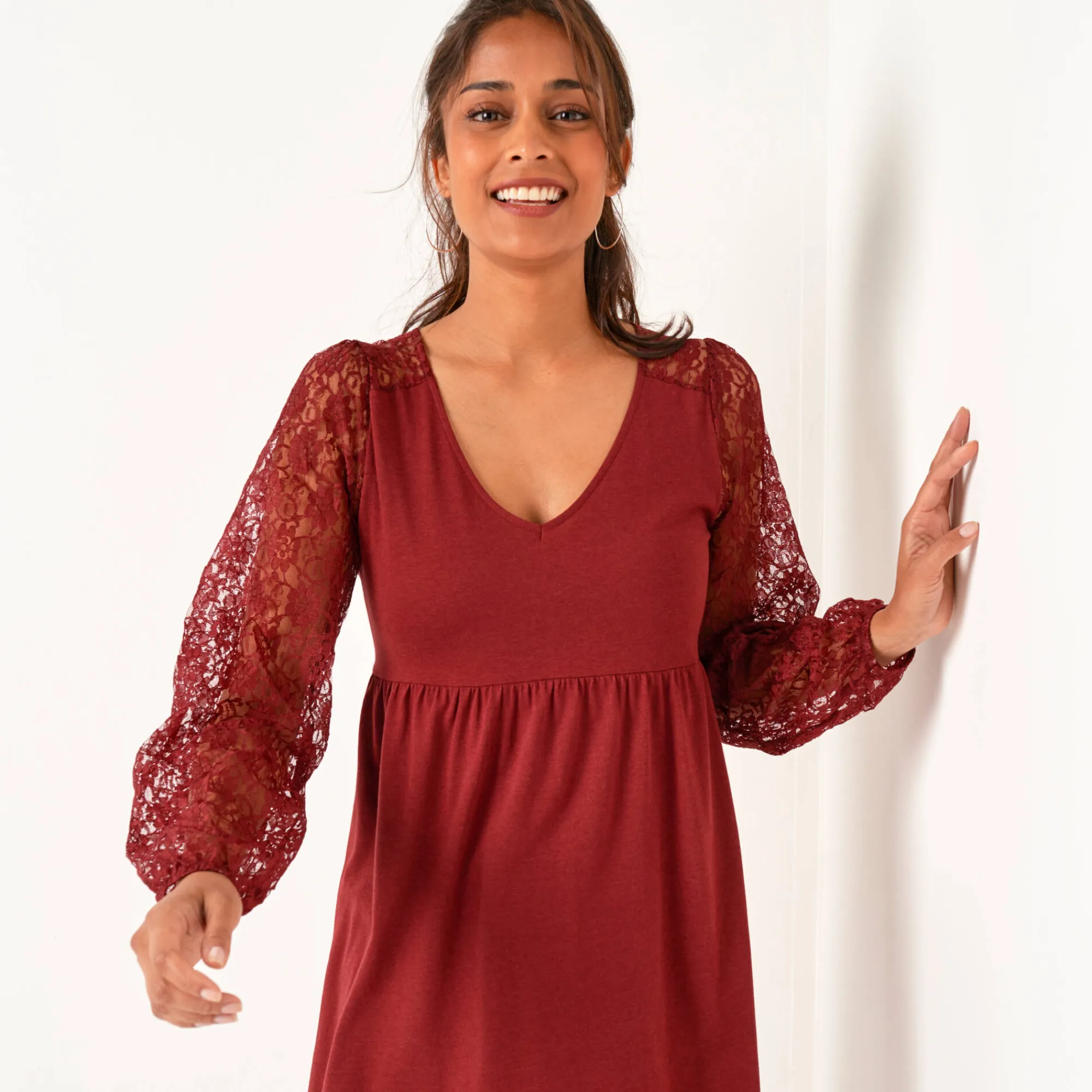 Feestoutfits Dames|T-Shirt En Topje<Blancheporte Tuniek met lange mouwen en kant bordeaux