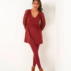 Feestoutfits Dames|T-Shirt En Topje<Blancheporte Tuniek met lange mouwen en kant bordeaux