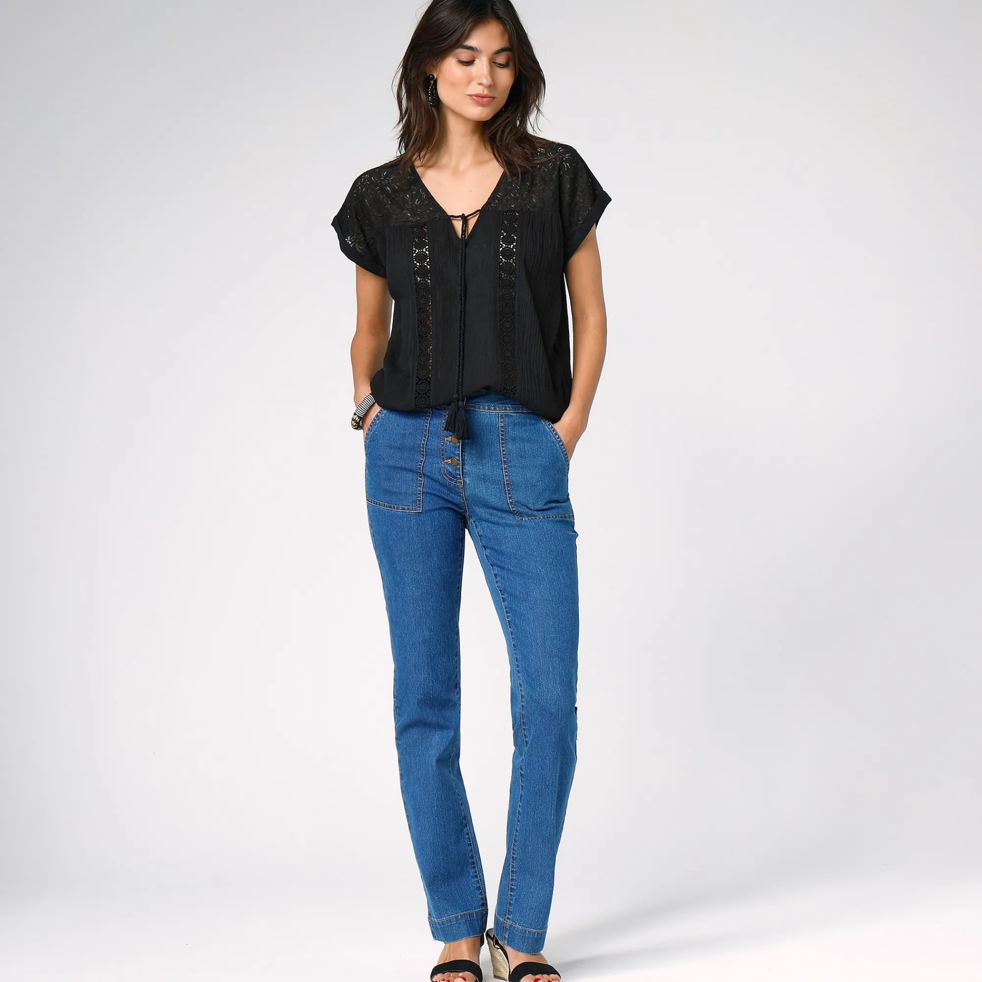 Bloes En Tuniek<Blancheporte Tuniek met macramé, in katoencrêpe zwart