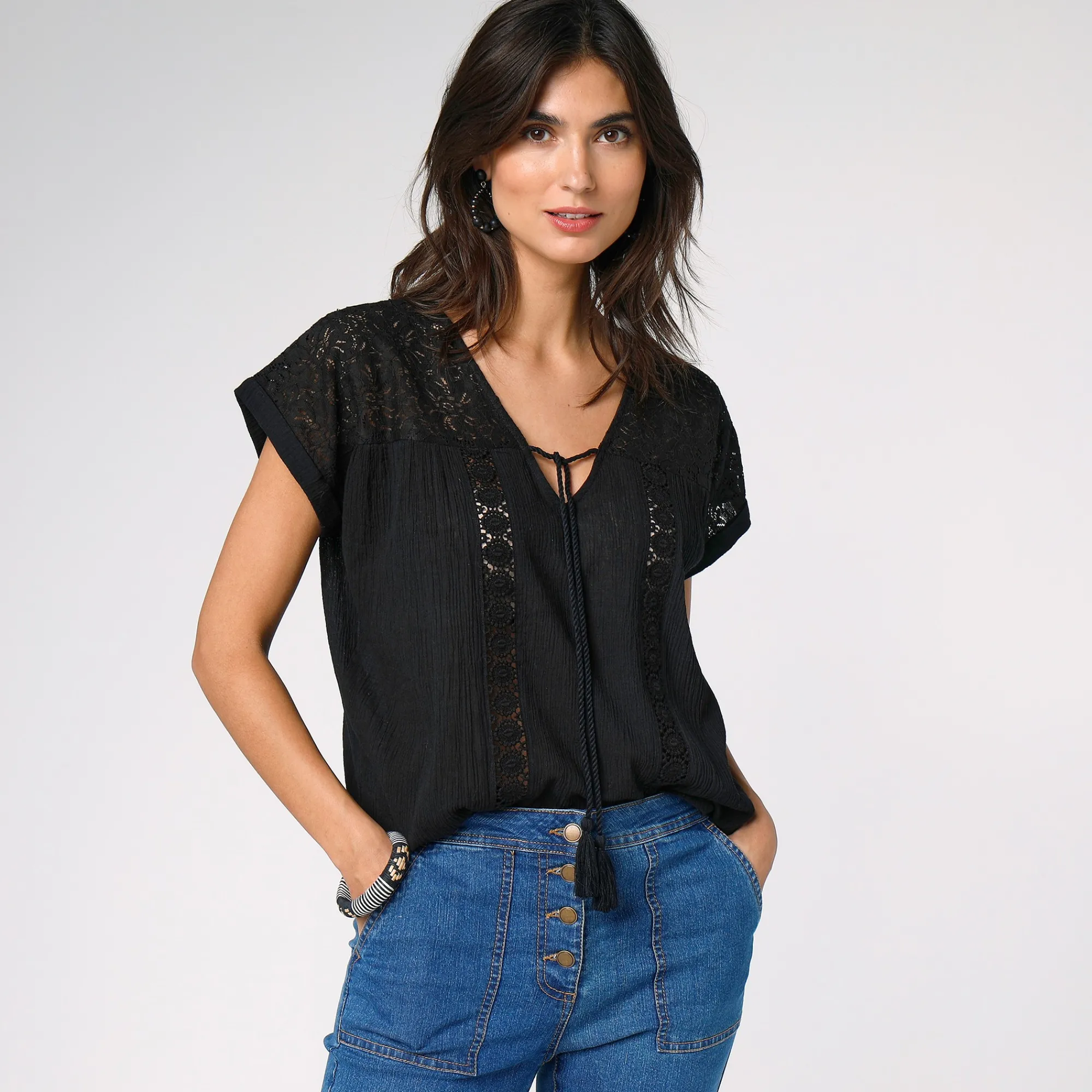 Bloes En Tuniek<Blancheporte Tuniek met macramé, in katoencrêpe zwart