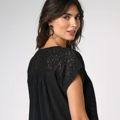 Bloes En Tuniek<Blancheporte Tuniek met macramé, in katoencrêpe zwart