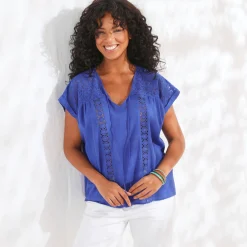 Bloes En Tuniek<Blancheporte Tuniek met macramé, in katoencrêpe felblauw