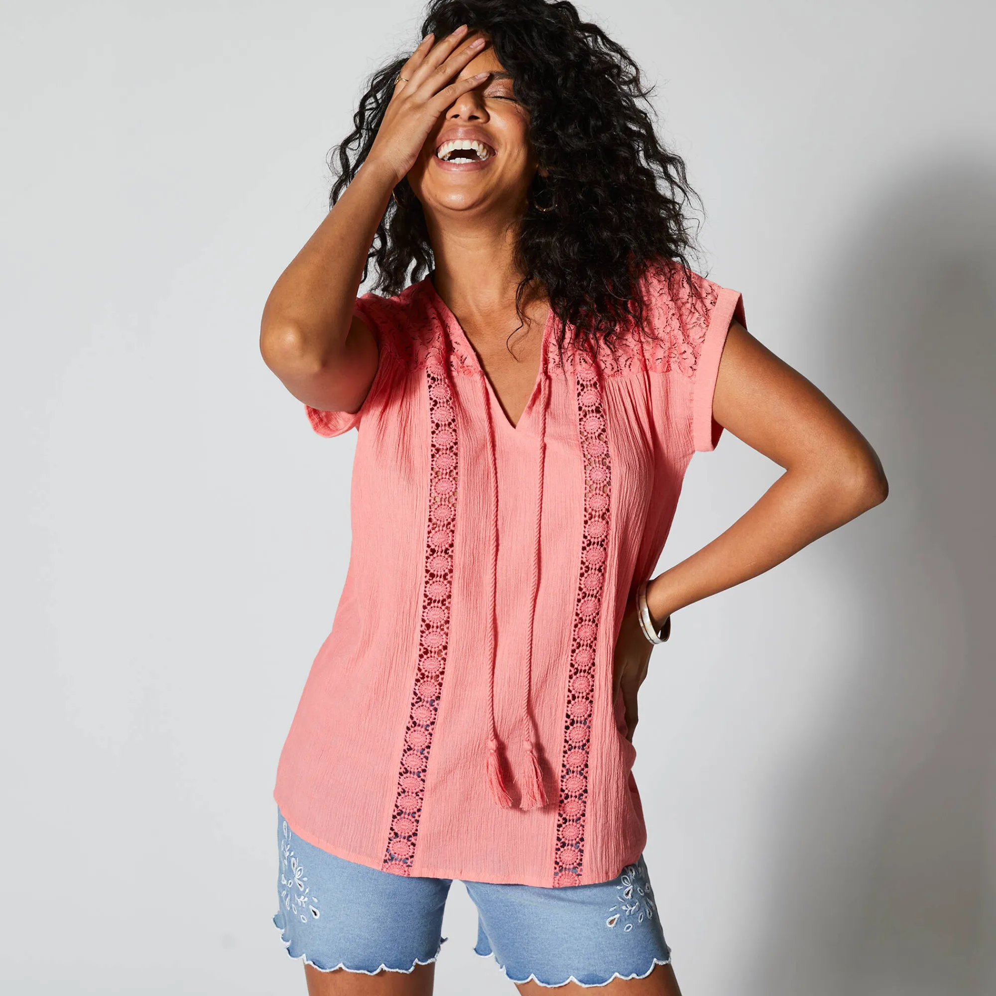 Bloes En Tuniek<Blancheporte Tuniek met macramé, in katoencrêpe koraal
