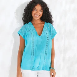 Bloes En Tuniek<Blancheporte Tuniek met macramé, in katoencrêpe turkooisblauw