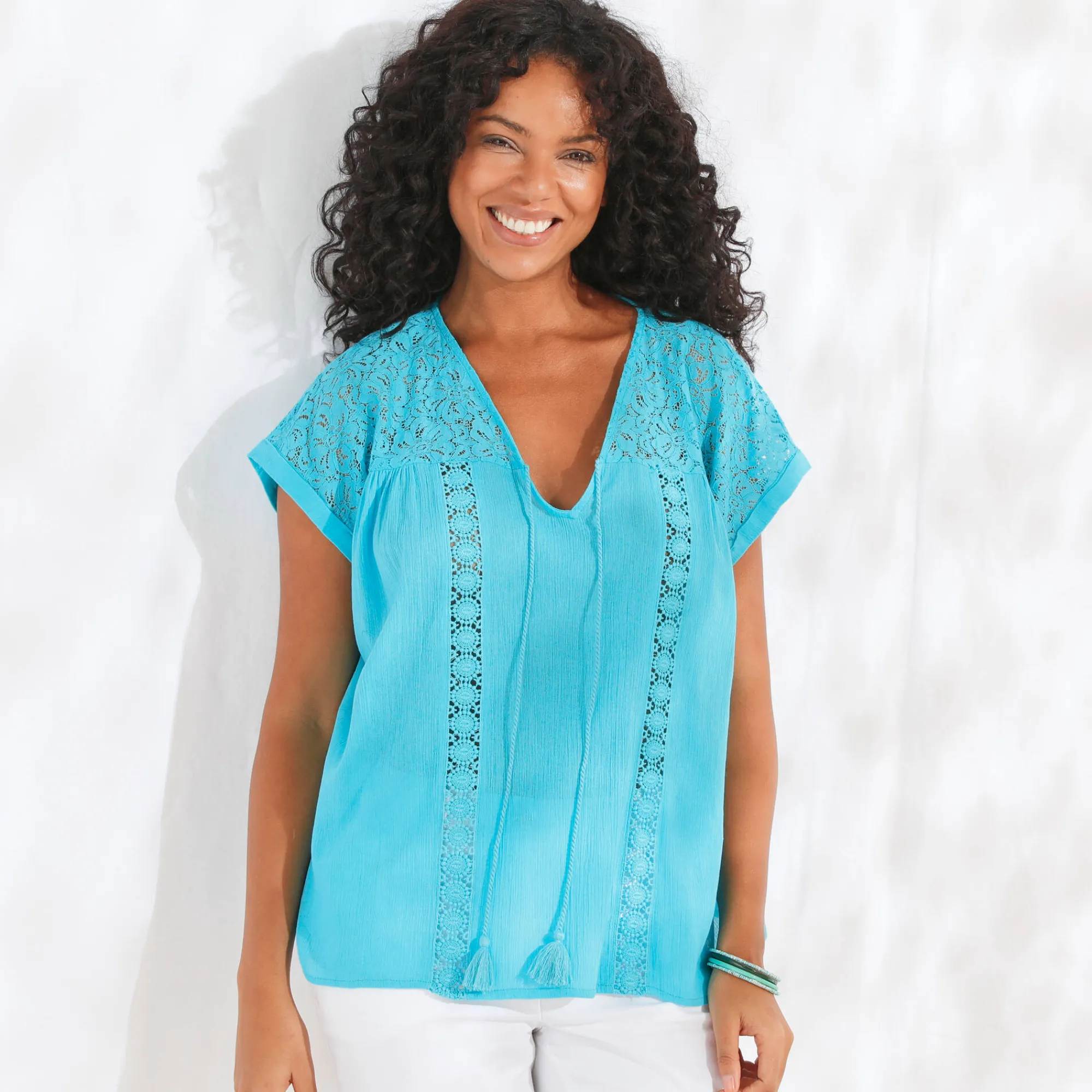 Bloes En Tuniek<Blancheporte Tuniek met macramé, in katoencrêpe turkooisblauw