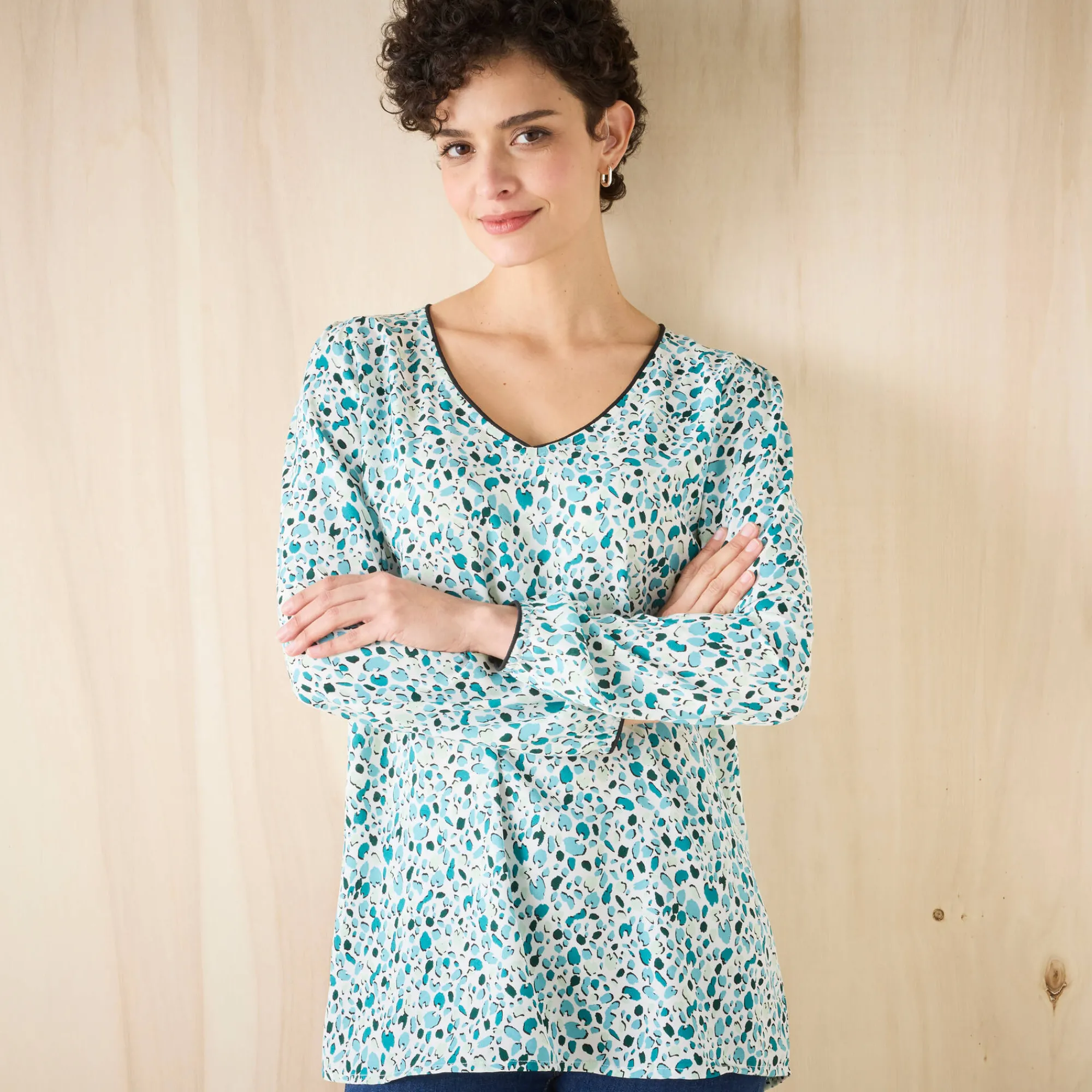 Bloes En Tuniek<Blancheporte Tuniek met minimalistische print, crêpe ecru / groen