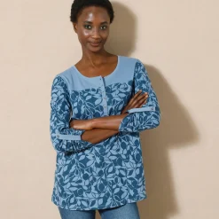 T-Shirt En Topje|Bloes En Tuniek<Blancheporte Tuniek met Tunesische hals en lange mouwen, bedrukt grijsblauw