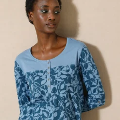 T-Shirt En Topje|Bloes En Tuniek<Blancheporte Tuniek met Tunesische hals en lange mouwen, bedrukt grijsblauw