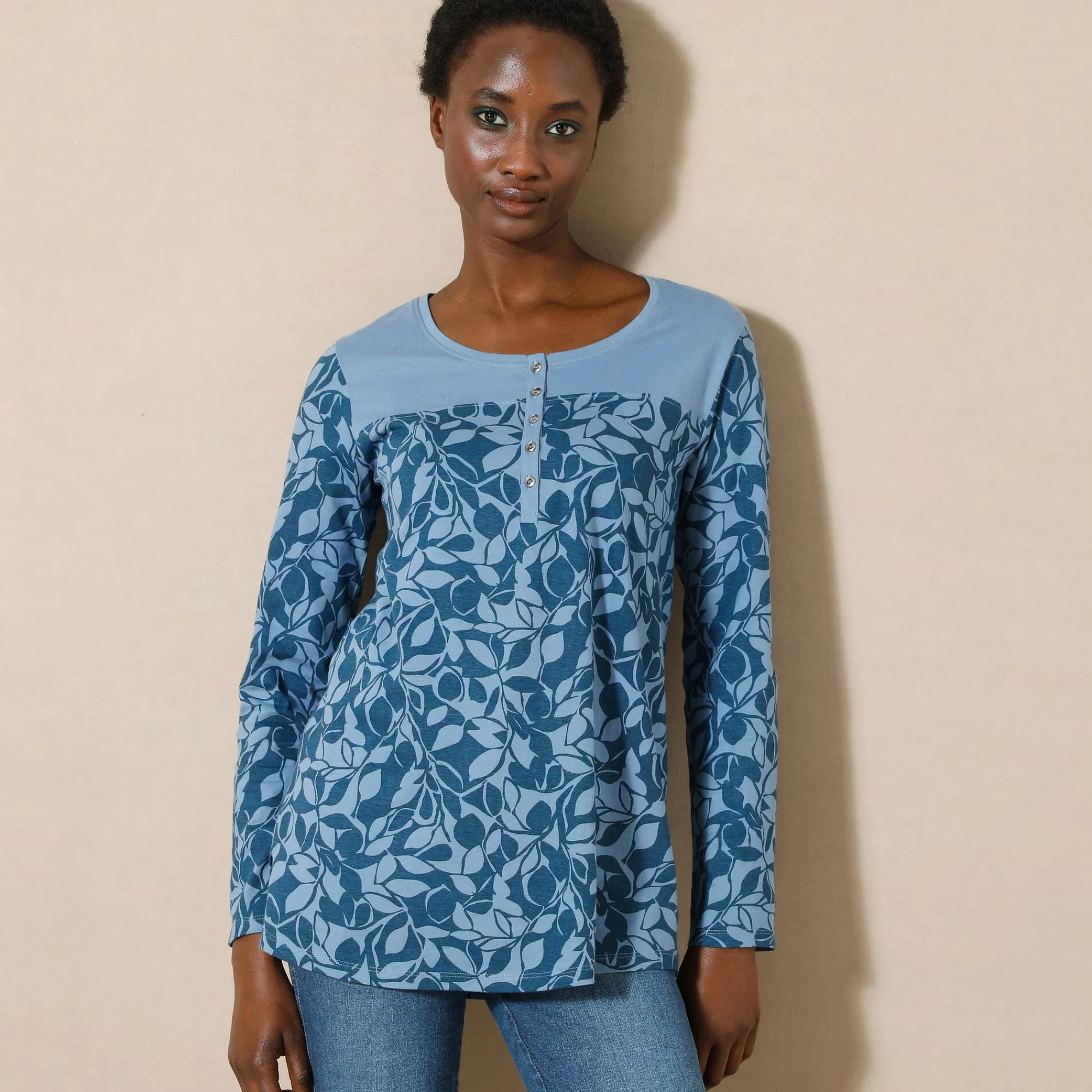 T-Shirt En Topje|Bloes En Tuniek<Blancheporte Tuniek met Tunesische hals en lange mouwen, bedrukt grijsblauw