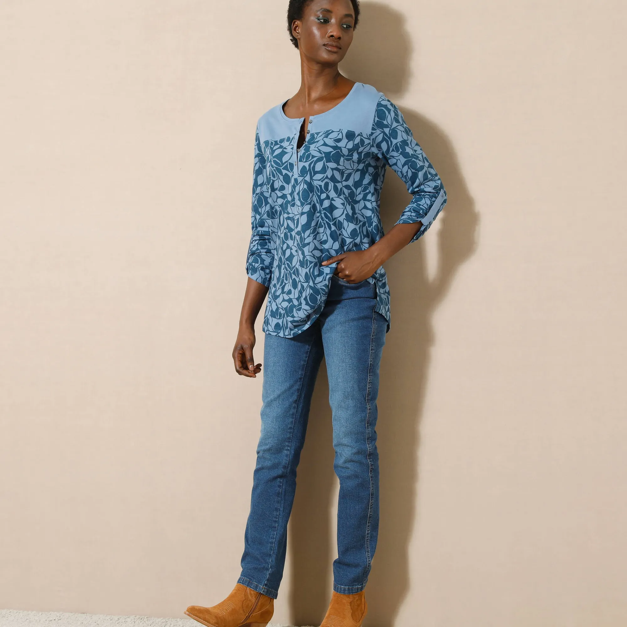 T-Shirt En Topje|Bloes En Tuniek<Blancheporte Tuniek met Tunesische hals en lange mouwen, bedrukt grijsblauw