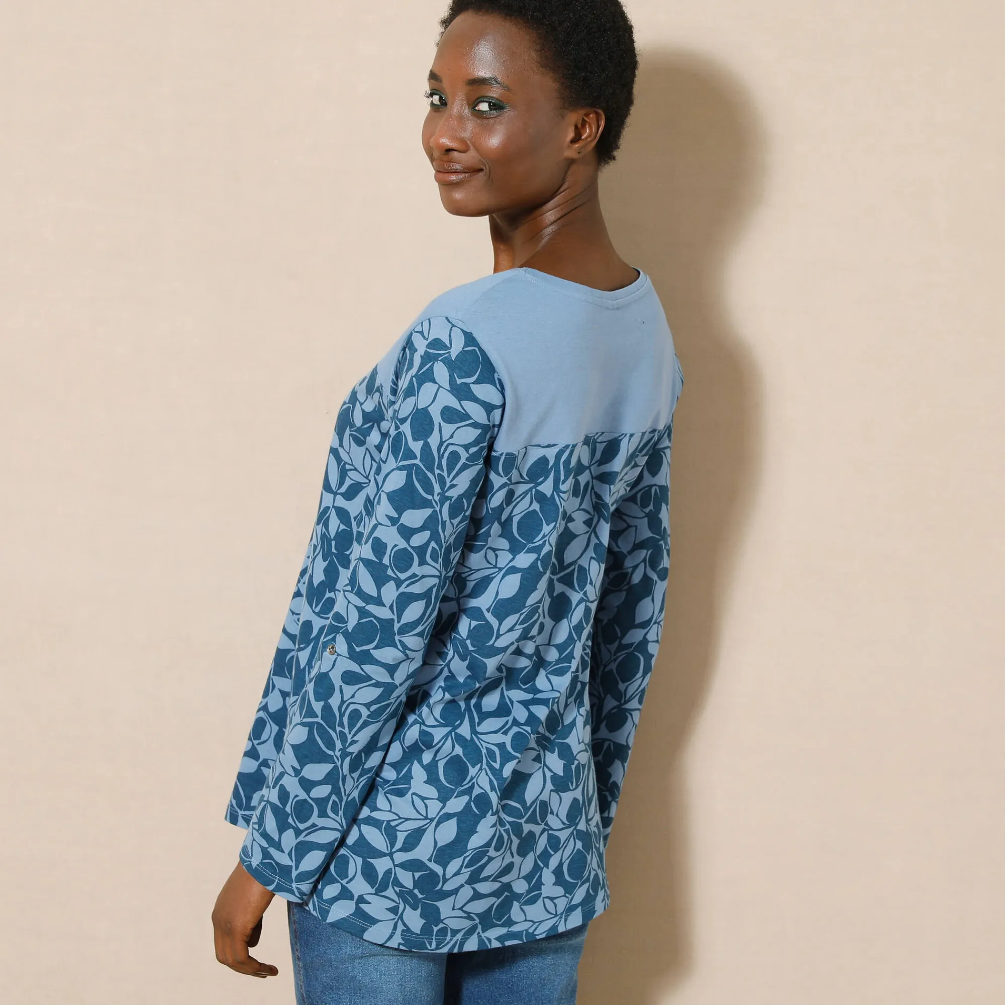 T-Shirt En Topje|Bloes En Tuniek<Blancheporte Tuniek met Tunesische hals en lange mouwen, bedrukt grijsblauw