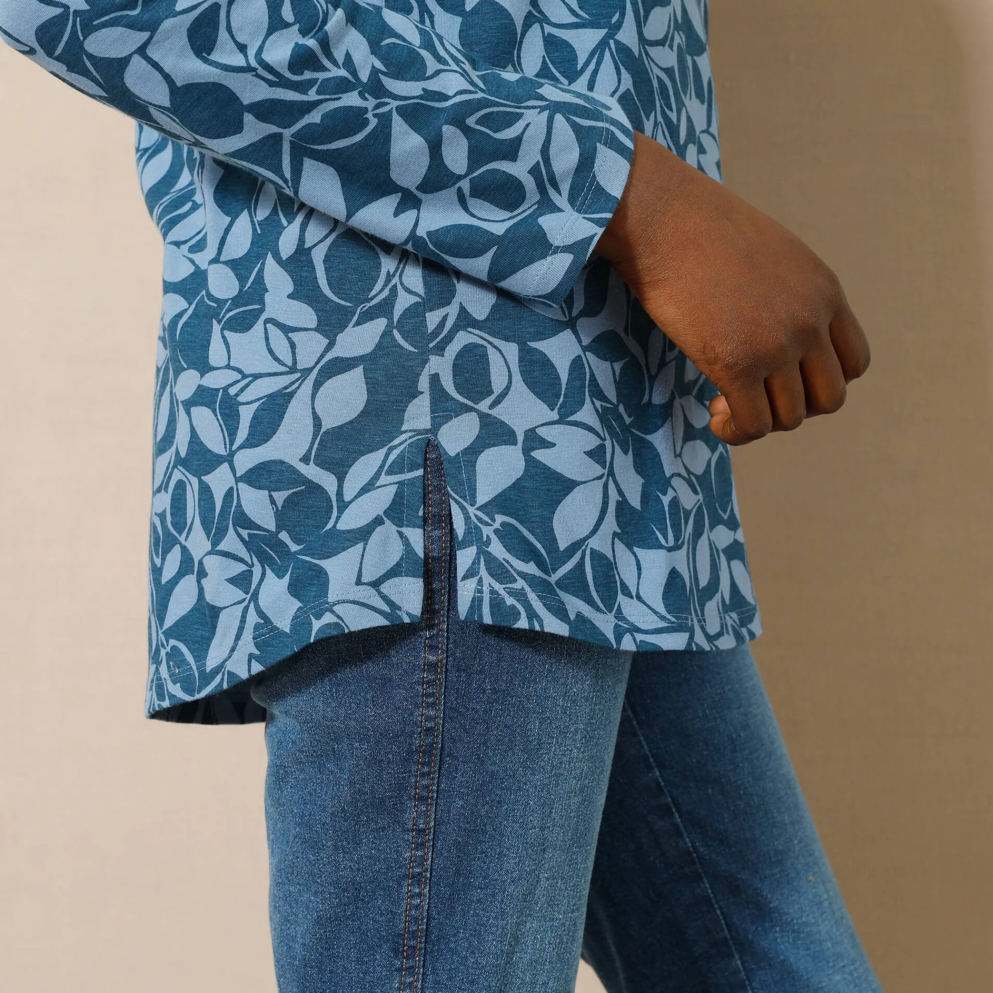 T-Shirt En Topje|Bloes En Tuniek<Blancheporte Tuniek met Tunesische hals en lange mouwen, bedrukt grijsblauw