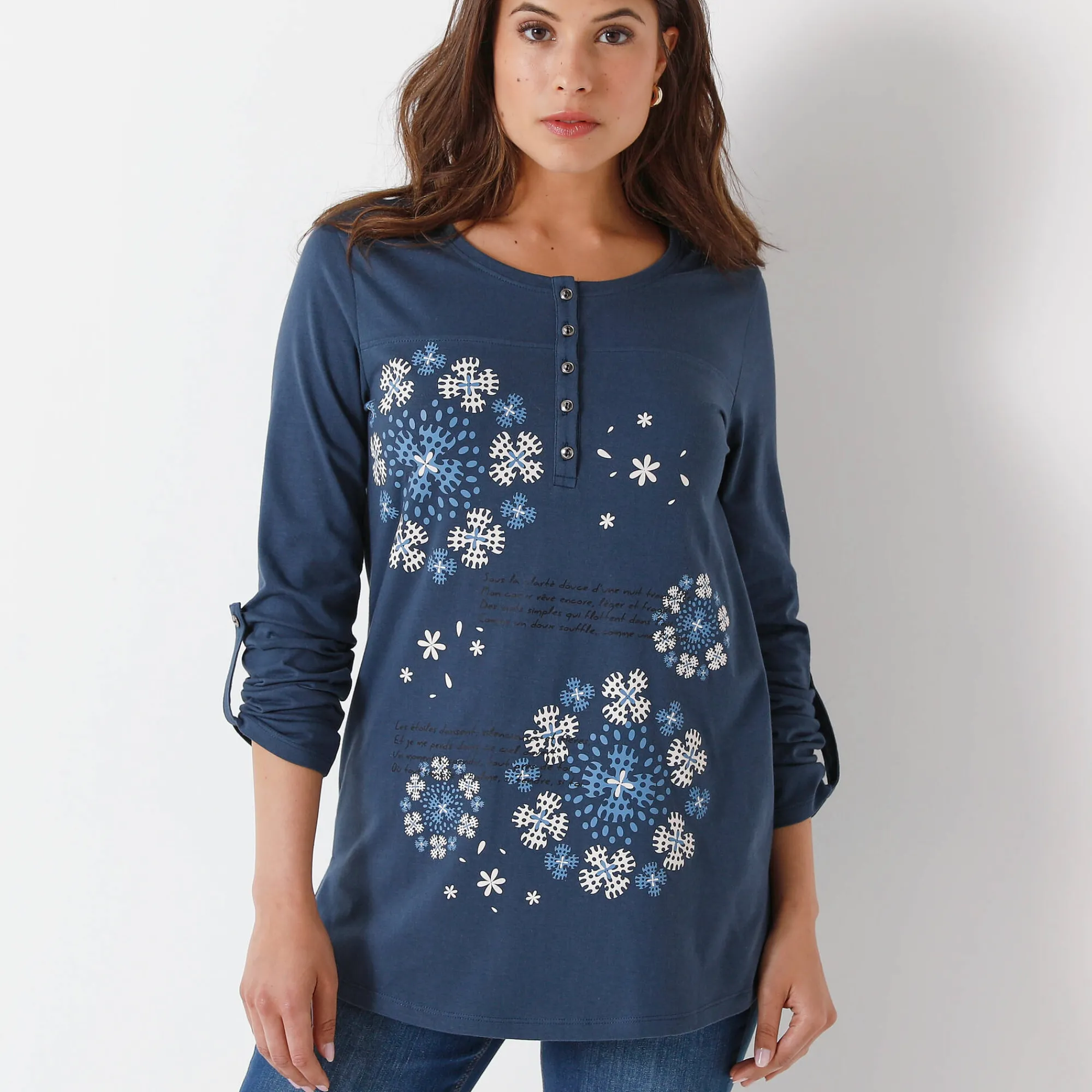 T-Shirt En Topje|Bloes En Tuniek<Blancheporte Tuniek met Tunesische hals en lange mouwen, geplaatste print grijsblauw