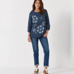 T-Shirt En Topje|Bloes En Tuniek<Blancheporte Tuniek met Tunesische hals en lange mouwen, geplaatste print grijsblauw