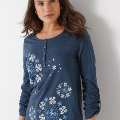 T-Shirt En Topje|Bloes En Tuniek<Blancheporte Tuniek met Tunesische hals en lange mouwen, geplaatste print grijsblauw