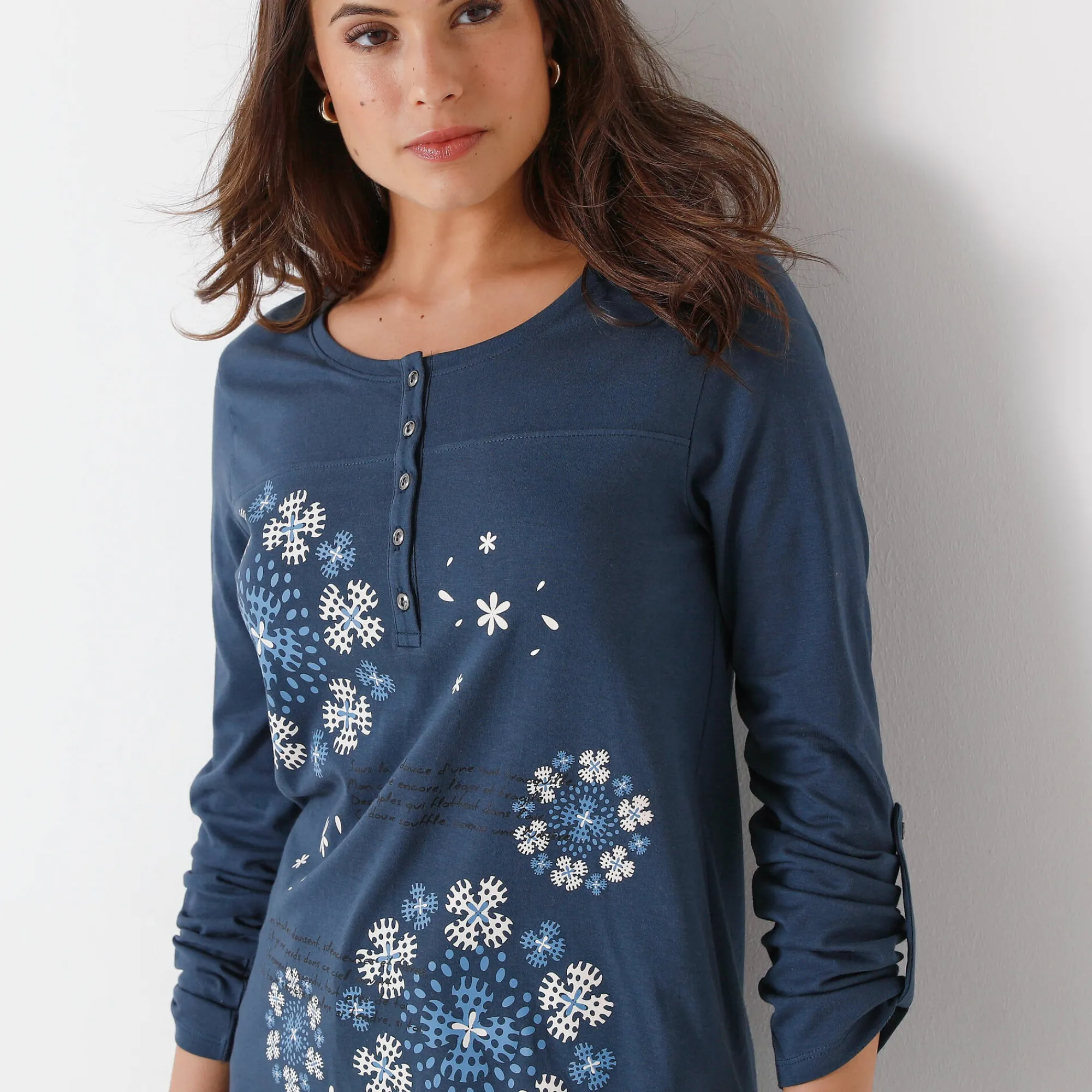 T-Shirt En Topje|Bloes En Tuniek<Blancheporte Tuniek met Tunesische hals en lange mouwen, geplaatste print grijsblauw