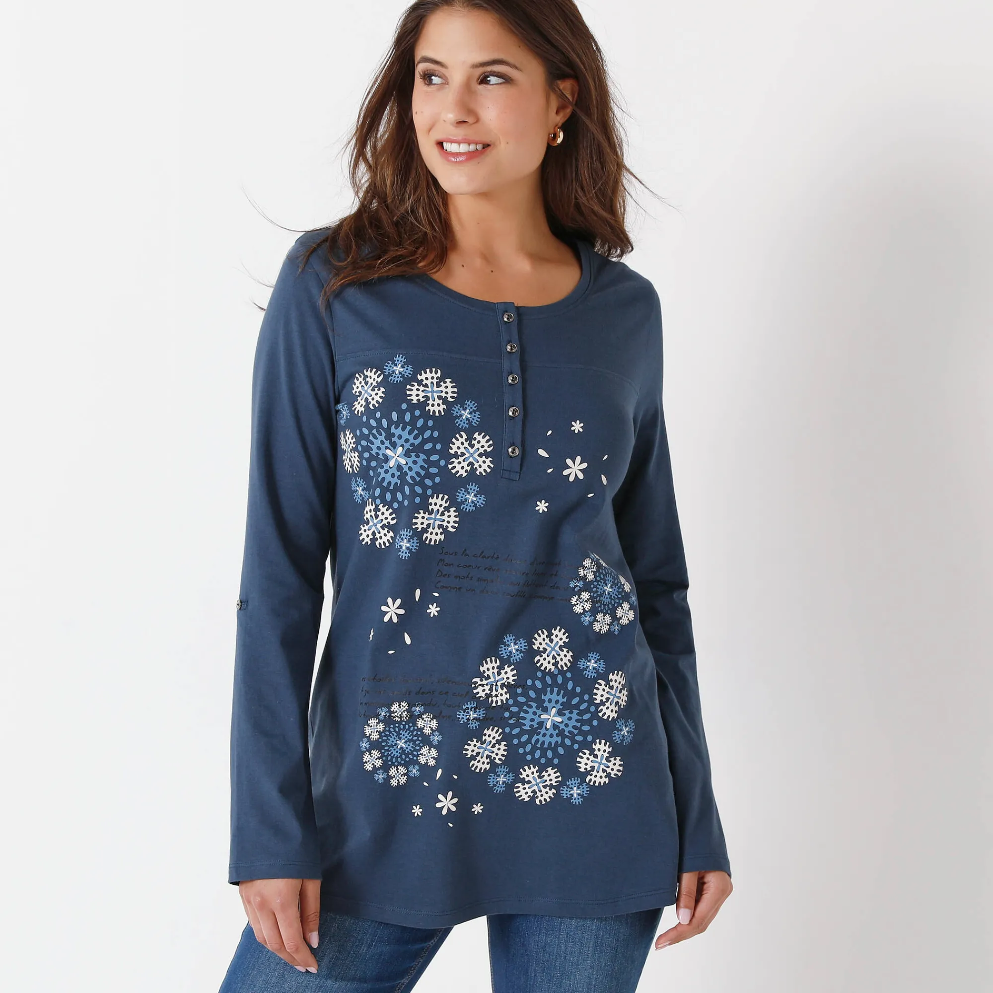 T-Shirt En Topje|Bloes En Tuniek<Blancheporte Tuniek met Tunesische hals en lange mouwen, geplaatste print grijsblauw