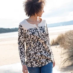 T-Shirt En Topje|Bloes En Tuniek<Blancheporte Tuniek met Tunesische hals en lange mouwen, bedrukt beige / zwart