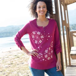 T-Shirt En Topje|Bloes En Tuniek<Blancheporte Tuniek met Tunesische hals en lange mouwen, geplaatste print pruim