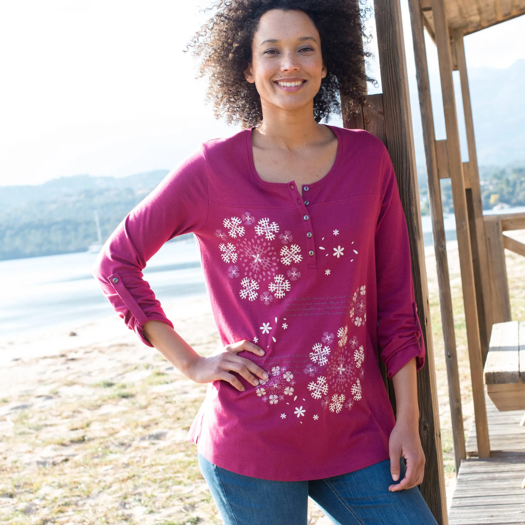 T-Shirt En Topje|Bloes En Tuniek<Blancheporte Tuniek met Tunesische hals en lange mouwen, geplaatste print pruim