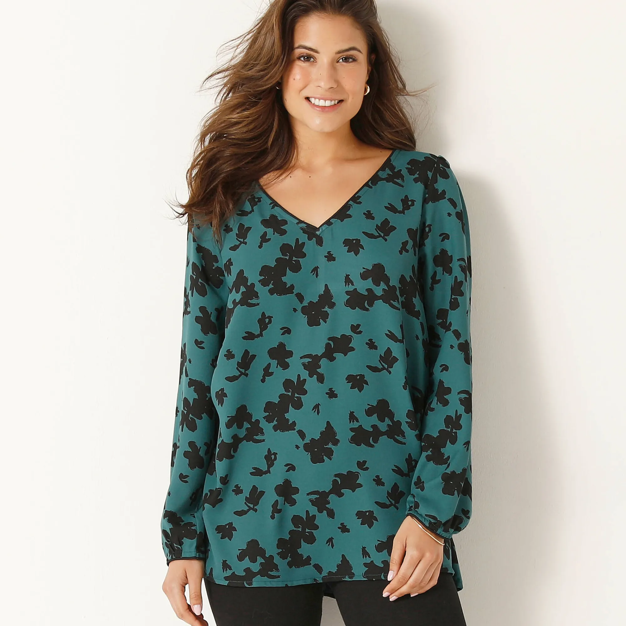 Bloes En Tuniek<Blancheporte Tuniek met tweekleurige print, crêpe groen / zwart