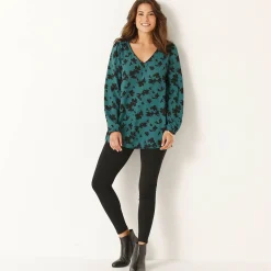 Bloes En Tuniek<Blancheporte Tuniek met tweekleurige print, crêpe groen / zwart