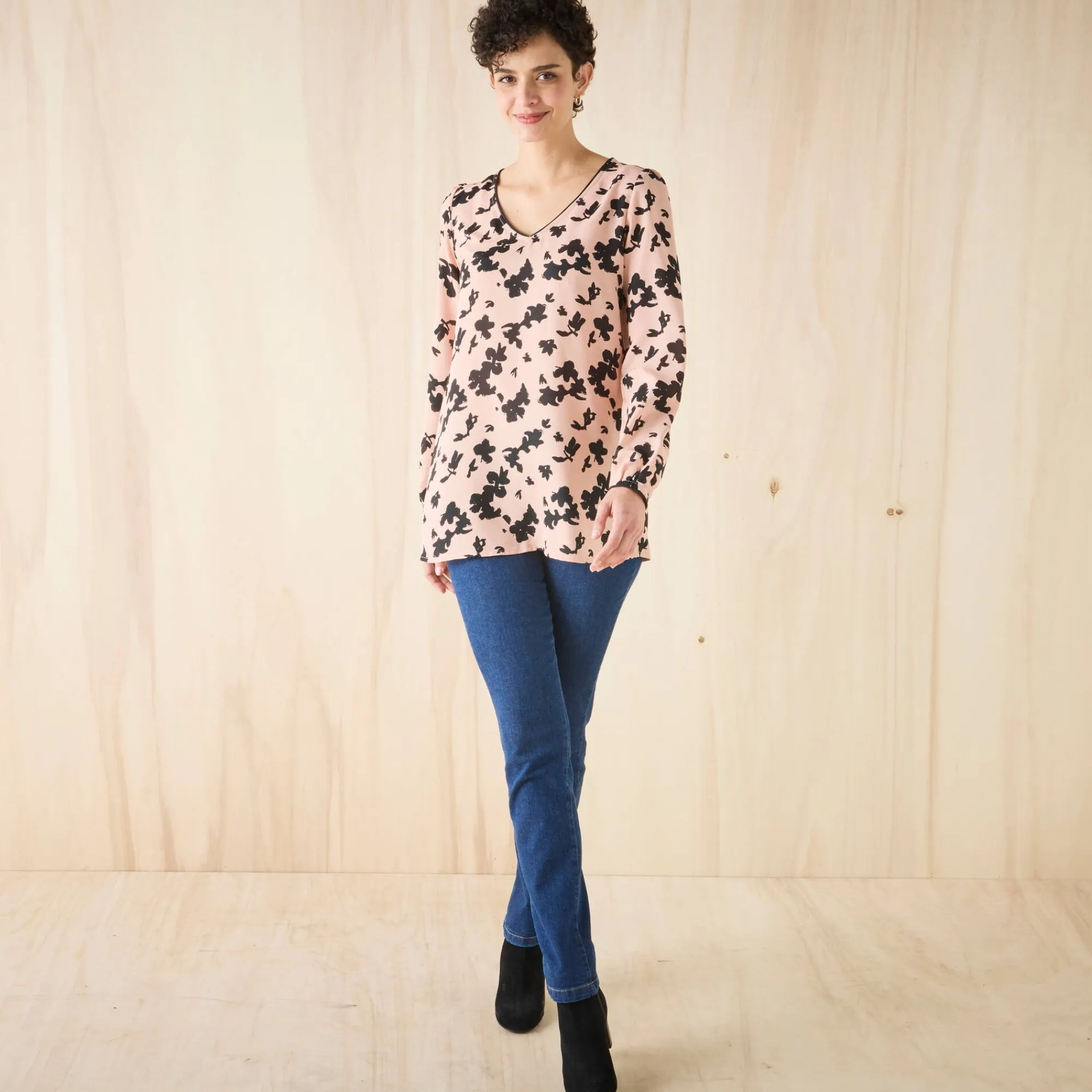 Bloes En Tuniek<Blancheporte Tuniek met tweekleurige print, crêpe roze / zwart