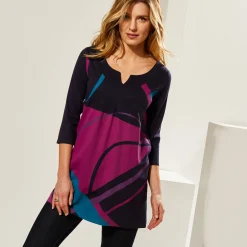 T-Shirt En Topje|Bloes En Tuniek<Blancheporte Tuniek met V-hals en grafische print marine / violine
