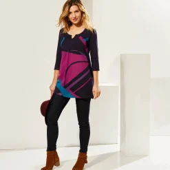 T-Shirt En Topje|Bloes En Tuniek<Blancheporte Tuniek met V-hals en grafische print marine / violine