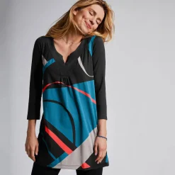 T-Shirt En Topje|Bloes En Tuniek<Blancheporte Tuniek met V-hals en grafische print zwart / blauw