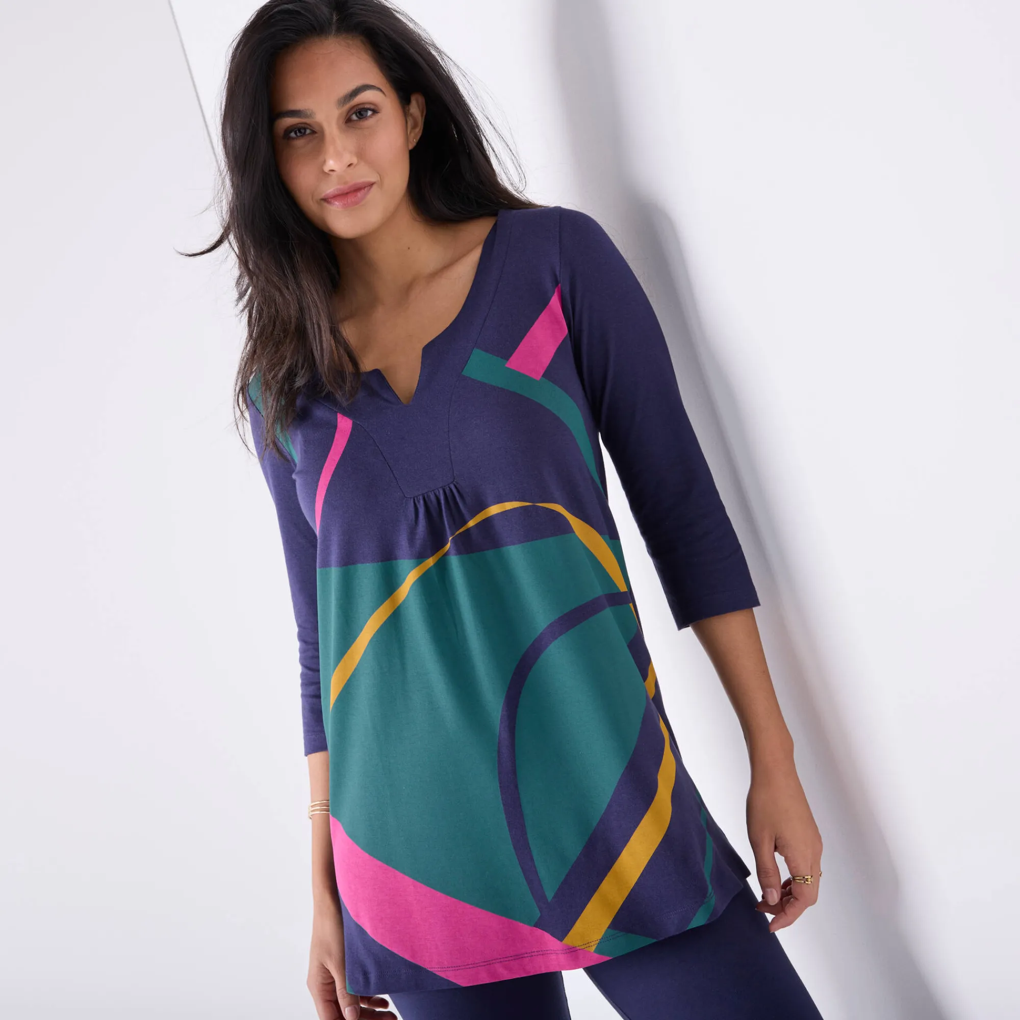 T-Shirt En Topje|Bloes En Tuniek<Blancheporte Tuniek met V-hals en grafische print marine / groen