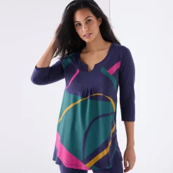 T-Shirt En Topje|Bloes En Tuniek<Blancheporte Tuniek met V-hals en grafische print marine / groen