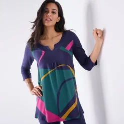 T-Shirt En Topje|Bloes En Tuniek<Blancheporte Tuniek met V-hals en grafische print marine / groen
