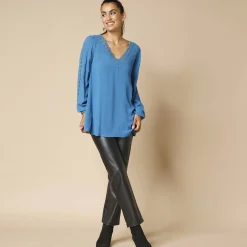 Bloes En Tuniek<Blancheporte Tuniek met V-hals en macramé, lange mouwen, crepon blauw