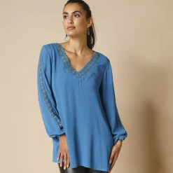 Bloes En Tuniek<Blancheporte Tuniek met V-hals en macramé, lange mouwen, crepon blauw