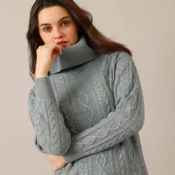 Trui En Vest<Blancheporte Tuniektrui in kabeltricot met rolkraag chiné grijs
