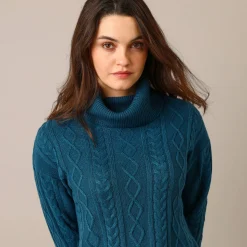 Trui En Vest<Blancheporte Tuniektrui in kabeltricot met rolkraag pauwblauw