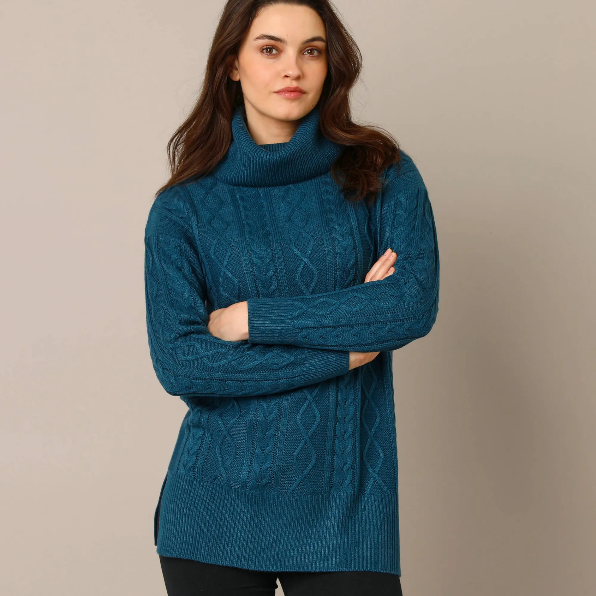 Trui En Vest<Blancheporte Tuniektrui in kabeltricot met rolkraag pauwblauw