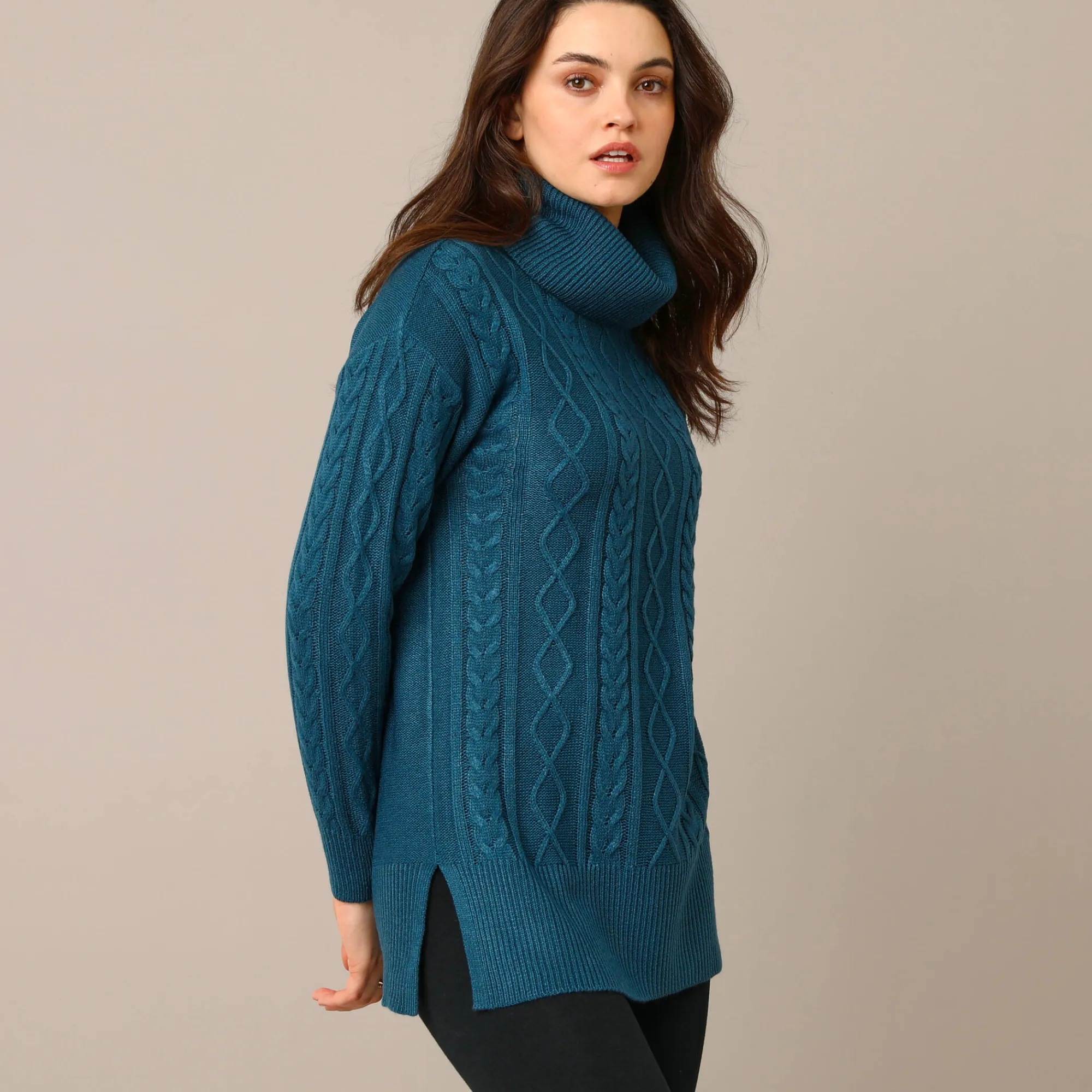 Trui En Vest<Blancheporte Tuniektrui in kabeltricot met rolkraag pauwblauw