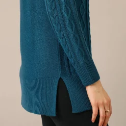 Trui En Vest<Blancheporte Tuniektrui in kabeltricot met rolkraag pauwblauw