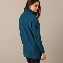 Trui En Vest<Blancheporte Tuniektrui in kabeltricot met rolkraag pauwblauw