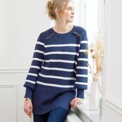 Trui En Vest<Blancheporte Tuniektrui met fantasieknopen, gestreept marine / ecru