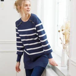Trui En Vest<Blancheporte Tuniektrui met fantasieknopen, gestreept marine / ecru