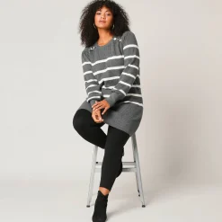 Trui En Vest<Blancheporte Tuniektrui met fantasieknopen, gestreept chiné grijs / ecru