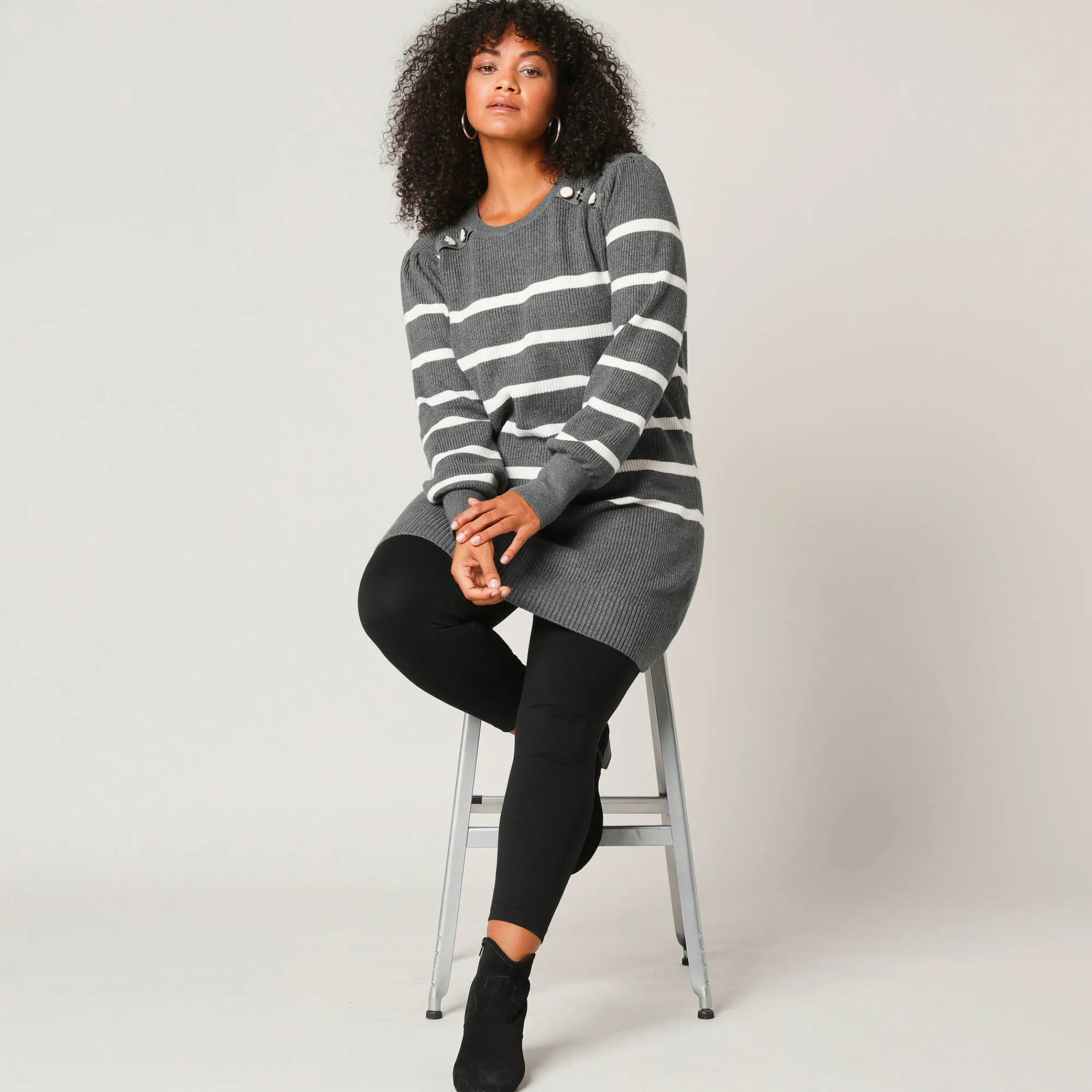 Trui En Vest<Blancheporte Tuniektrui met fantasieknopen, gestreept chiné grijs / ecru