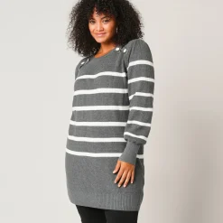 Trui En Vest<Blancheporte Tuniektrui met fantasieknopen, gestreept chiné grijs / ecru