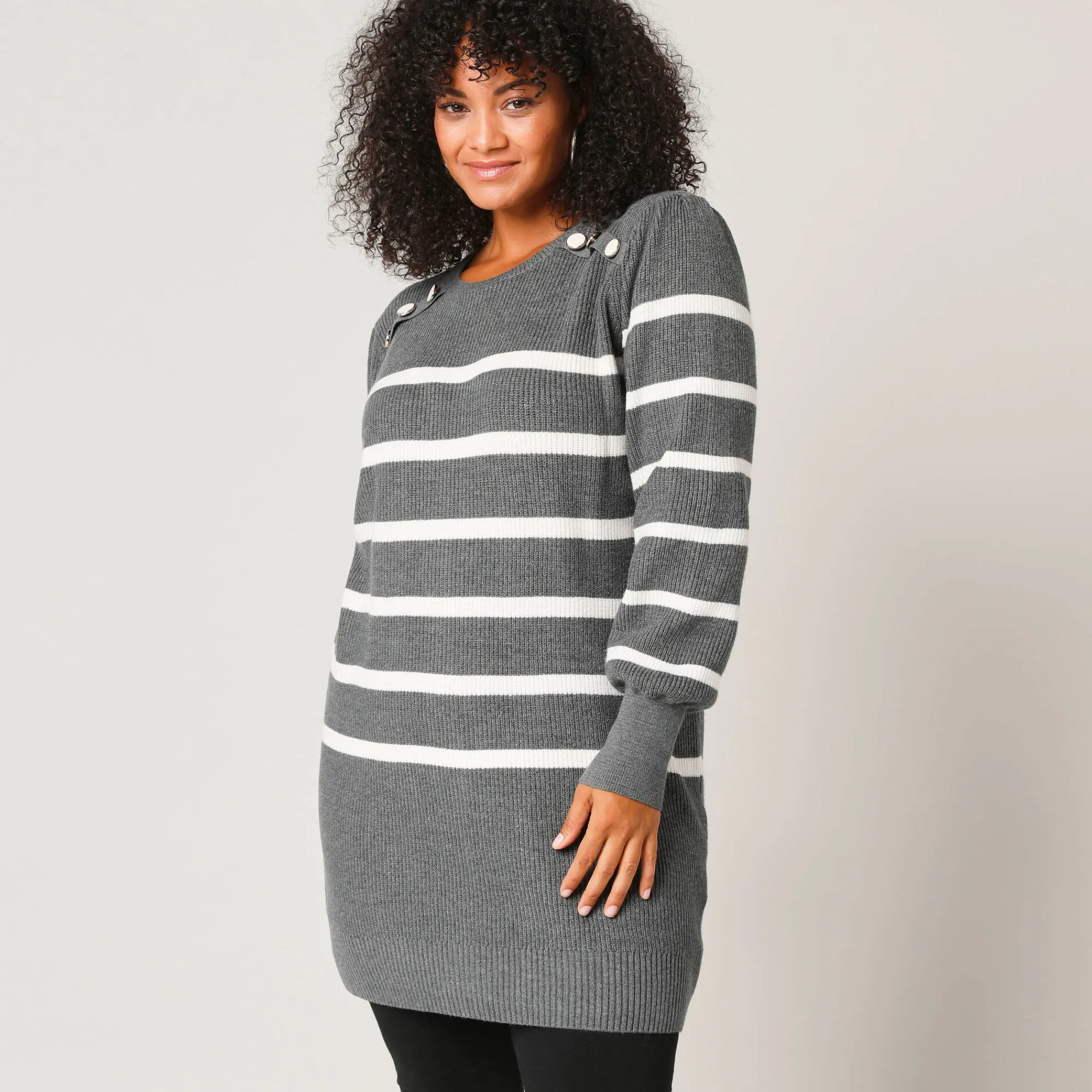Trui En Vest<Blancheporte Tuniektrui met fantasieknopen, gestreept chiné grijs / ecru